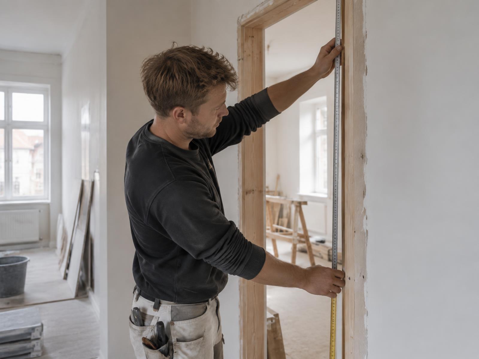Håndværker måler en døråbning under en renovering